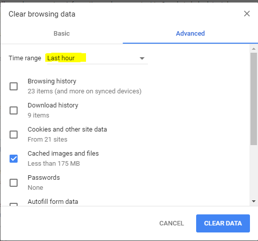 Clear browsing data - last hour